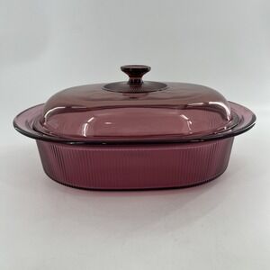 Vintage Corning Ware Cranberry Vision 4 Qt Ribbed Casserole Roaster & Pyrex Lid